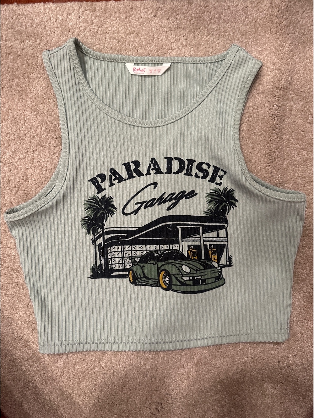 (6)Romwe XS Light Green Ribbed Crop Tank Top with Paradise Garage Print